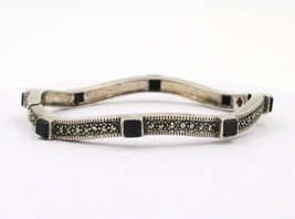 Thai ALX .923 Art Deco Style Marcasite Black Onyx Sterling Bangle Bracelet - $59.38