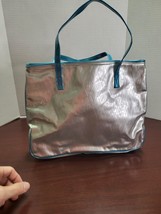Clinique Vinyl Tote Shiny Gray With Turquoise Straps - $9.46