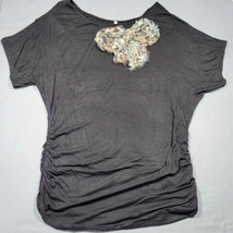 Olivia Moon Womens Shirt Size M Black Stretch Goth Classic Short Sleeves Fringe - £7.86 GBP