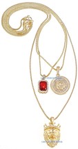 Crowned King Lion Head Three Necklace New Set With Medusa And Red Stone Pendants - £25.59 GBP