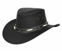 Australian Bush Hat Black Leather Cowboy Western Outback Style with Chin... - £35.38 GBP+
