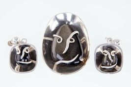 Vintage Mexico AE Jewelry Set Pendant &amp; Earrings W/ Obsidian set in Ster... - €148,16 EUR