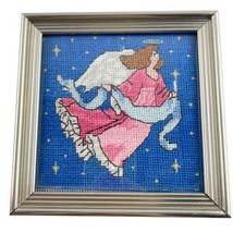 Finished Cross Stitch Angel in Pink Dress with Blue Banner and Candle Stars - $24.04