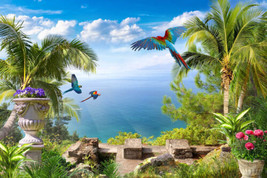 Framed canvas art print giclée Tropical landscape flying parrots Mediterranean - £31.91 GBP+
