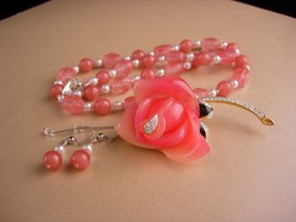 KJL statement necklace - peach rose brooch and earrings - rhinestone rose pin -  - £100.53 GBP