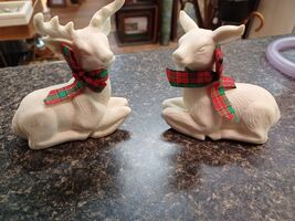 VTG Reindeer Pair White Antlers Plaid Bows K's Collection 1990s - $19.79