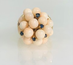 14k Yellow Gold Coral and Blue Sapphire Vintage Cluster Ring - £2,219.26 GBP