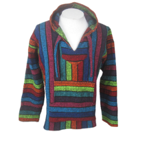 Mexican traditional retro hippie baja pullover rainbow striped L festiva... - £23.26 GBP