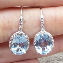 925 Sterling Silver - Aquamarine &amp; Genuine Diamonds Huggie Earrings - EG1279 - £30.92 GBP