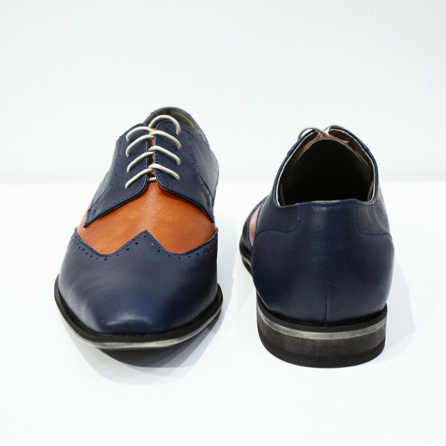 Men Two Tone Blue Brown Wing Tip Laces Derby Custom Real Leather Shoes US 7-16
