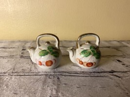 Vintage Salt Pepper Shaker Set Mini Tea Pots Cherries Teapot Pair occupi... - $15.75