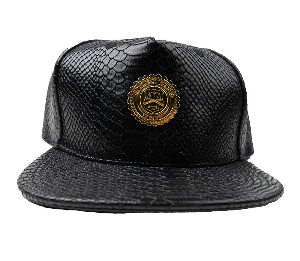 Capital Gains Snake Embossed Leather Black Hat Adjustable Strap Back Cap