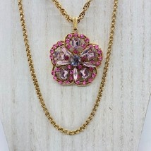 Vintage Rhinestone Pendant Double Strand 30&quot; Necklace Pink Gold Tone Double Rope - £45.89 GBP
