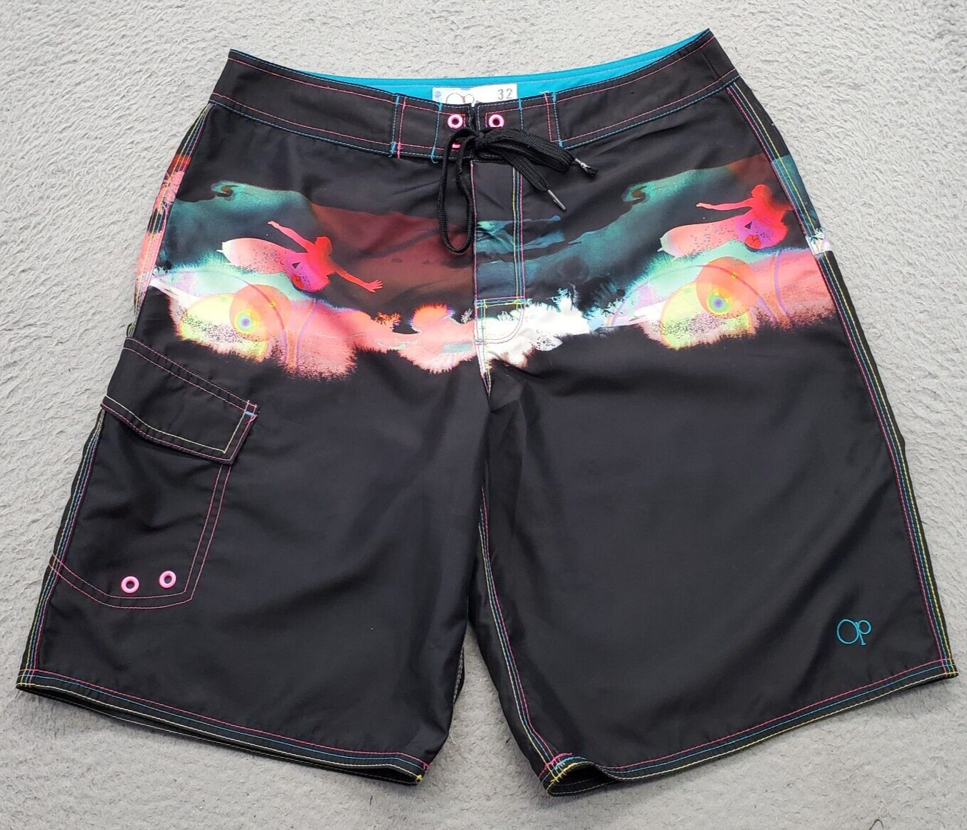 Op Ocean Pacific Board Shorts Mens 32 Multi Rainbow Print Side Pocket Dr... - $12.55