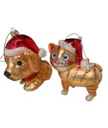 Christmas Ornament Santa Hat Glass Rauch Dog and Orange Stripped Cat Blu... - $298.30 MXN