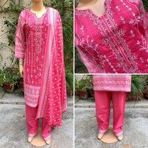 Pakistani Pink Printed Straight Shirt 3-PCS Lawn Suit w/ Threadwork ,L - $50.64