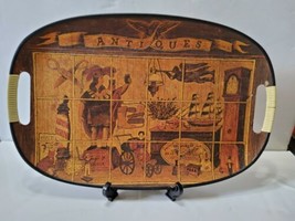 Vintage Wood Serving Display Tray Window Scene Antiques Eagle w/ Handles 18x11.5 - £37.09 GBP