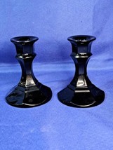 Vintage Set Of 2 Black Raspberry Glass Candlestick Candle Holders - £22.40 GBP