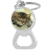 Napping Kitty Cat Bottle Opener Keychain - Metal Beer Bar Tool Key Ring - £8.47 GBP