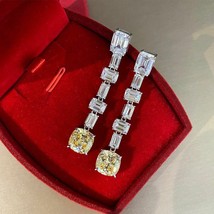 Cushion Cut Yellow Citrine &amp; White Emerald Dangle Wedding Earrings 18K White GP - £235.64 GBP