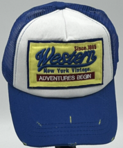 Western New York Vintage Adventures Begin Hat Trucker Cap Distressed Blue - $12.55