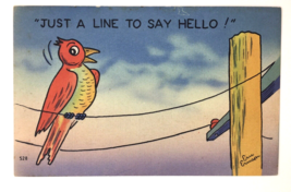 Vtg Linen PC Just a Line to Say Hello! Bird on Telephone Line Wire Eric Ericson - £7.04 GBP