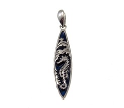 Solid 925 Sterling Silver &amp; Blue Enamel Mystical Seahorse on Surfboard Pendant - £26.87 GBP