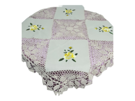 Summer Table Topper, Linen, Embroidered &amp; Crochet Doily, Rustic Decor 34... - £30.59 GBP