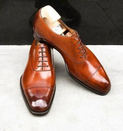 Men Handmade Brown Full Grain Calf Leather Oxford Dress Shoes Cap toe Oxfords