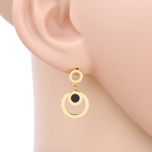 Gold Tone Circular Drop Earrings With Jet Black Faux Onyx Inlay - $24.99