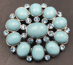 Vintage Turquoise Cabochon Oval Shaped Brooch Pin w/ Rhinestones 1.75&quot; x 1.5&quot; - £11.05 GBP
