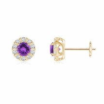Natural Amethyst Round Earrings with Diamond Halo in 14K Gold (Grade-AAA, 4MM) - £699.26 GBP