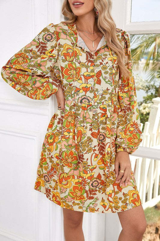 Cream Floral Tie V Neck Long Sleeve Mini Dress - $23.50
