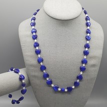Art Glass Beaded Necklace Bracelet Set Blue Heart White Spacers Hellenic - $570.99 MXN
