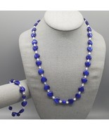 Art Glass Beaded Necklace Bracelet Set Blue Heart White Spacers Hellenic - $570.99 MXN
