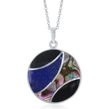 Onyx, Abalone and Lapis Designed Round Pendant W/Chain - £115.80 GBP