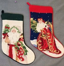 2- Vintage Needlepoint Christmas Stocking Santa Claus Tree Red Green Velvet - £37.53 GBP