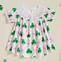 NEW St Patrick&#39;s Shamrock Bows Smocked Embroidered Short Sleeve Dress - £4.63 GBP+