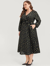 Bloomchic Feather Print Lantern Sleeve Pocket Faux Wrap Belted Dress Black 18-20 - £19.19 GBP