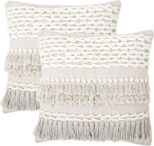 Tufted Throw Pillow Cushion Covers-Boho Textured Woven Decorative Cases Set For - £38.26 GBP