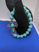 Natural Turquoise Beaded 10mm  Bracelet With Fancy Cross NWT - £11.49 GBP