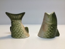 Vintage Fish Salt and Pepper Shakers Made in China Green/White Ceramic - $8.48