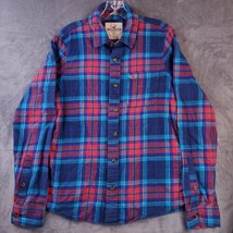 Hollister Flannel Shirt Men&#39;s Large Long Sleeve Plaid Blue Red Button Up - $14.47