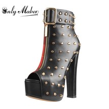 Onlymaker Women&#39;s Metal Studs Peep Toe Chunky Heel Platform Ankle StrapColor mat - £107.95 GBP