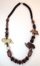Vintage Carved Wood - Elephant Trunk Up, Lion, Tiger Necklace - Approx 28” Long - £18.74 GBP