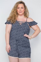 Plus Size Navy Floral Print Lace Up Romper - $288.68 MXN