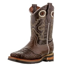 Boys Kids Brown Leather Work Sole Crocodile Design Western Wear Cowboy Boots - £43.51 GBP