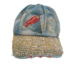 Rhinestone Love Denim Baseball Cap Trucker Hat Distressed Hip Hop Style Jeans OS - £9.44 GBP