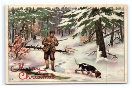 Hunting Coon Fox Hound Dog Merry Christmas Greeting Postcard Linen - £21.93 GBP