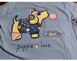 Puppie Love Shirt Long Sleeve Size Small Blue Dog with Walkman - $14.00